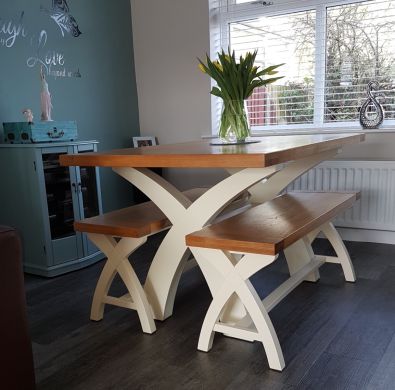 Country Oak 140cm Cream Painted Cross Leg Table 2 120cm Cross Leg Cream Bench Set - SUMMER SALE