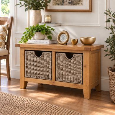 Country Oak Hallway Shoe Storage Bench with 2 Wicker Baskets in a bright modern hallway setting
