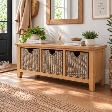 Country Oak Hallway Shoe Storage Bench with 3 Wicker Baskets in a bright modern hallway setting