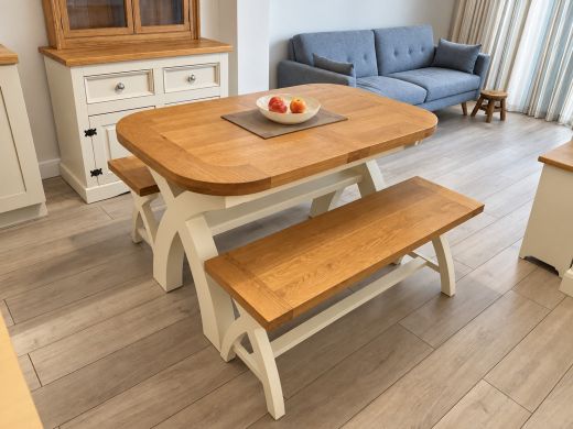 Country Oak 180cm CREAM PAINTED Extending Cross Leg Oval Table and 2 x 120cm Cross Leg CREAM Bench Set - Customer review photo