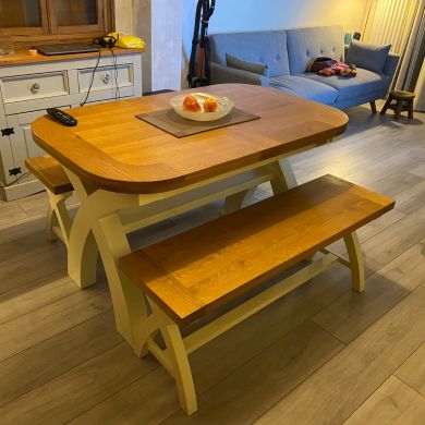 Country Oak 180cm CREAM PAINTED Extending Cross Leg Oval Table and 2 x 120cm Cross Leg CREAM Bench Set - Customer review photo