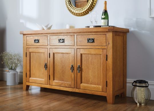 Country Oak 3 Door Fully Assembled 141cm Oak Sideboard - 20% Off Discount Code FLASH
