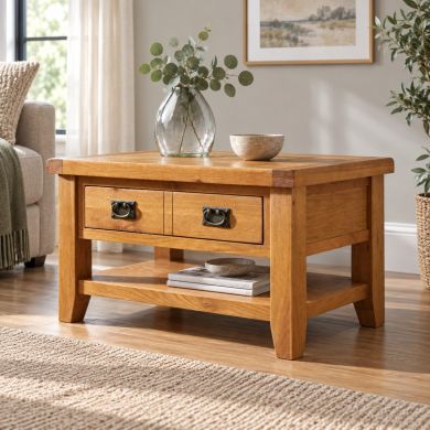 Country Oak coffee table with two storage drawers and lower shelf in a bright neutral living room