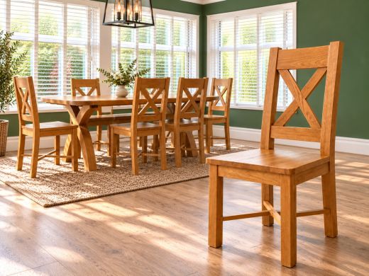Grasmere cross back oak chair with timber seat in a sunlit green dining room with a matching dining set behind