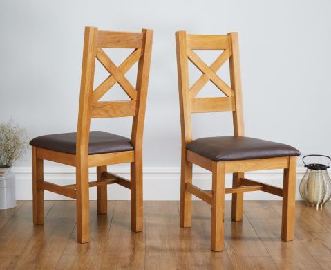 Windermere Cross Back Oak Dining Chair With Brown Leather Seat - 20% Off Discount Code FLASH