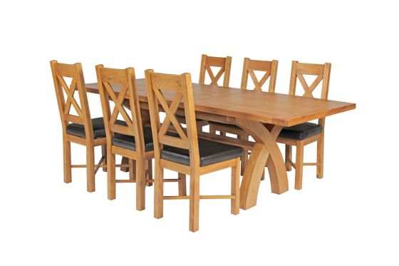 Country Oak 230cm Cross Leg Table and 6 Grasmere Brown Leather Chairs - SUMMER SALE