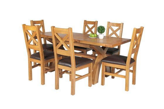 Country Oak 180cm Extending Cross Leg Square Table and 6 Windermere Brown Leather Chairs - SUMMER SALE