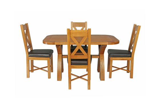 Country Oak 140cm Cross Leg Rounded Corner Table and 4 Grasmere Brown Leather Chairs - SUMMER SALE