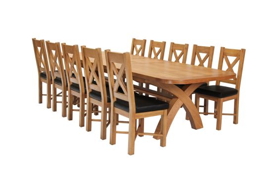 Country Oak 340cm Extending Cross Leg Oval Table and 10 Grasmere Brown Leather Chairs - SUMMER SALE