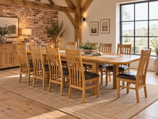Country Oak rounded end extending dining table with oak spindle back chairs and dark seat pads in a farmhouse dining room