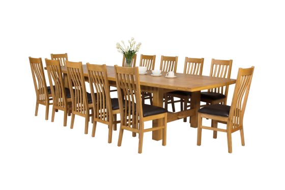 Chateaux 340cm Double Extending Solid Oak Table 12 Chelsea Brown Leather Oak Chair Set - SUMMER SALE