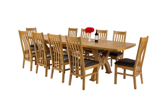 Monastery 300cm Double Extending Solid Oak Table 10 Chelsea Brown Leather Oak Chair Set - SUMMER SALE