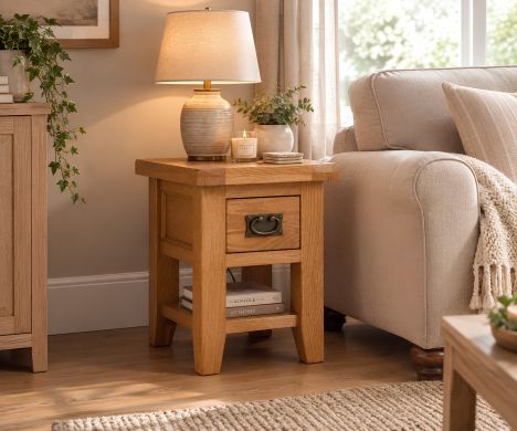 Country Oak Petite Lamp Table With Drawer Shelf - AUTUMN SALE
