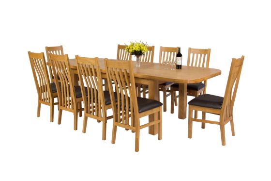 Country Oak 280cm Extending Oak Table and 10 Chelsea Brown Leather Chairs - SUMMER SALE
