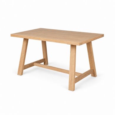 Doveridge 140cm whitewash limed oak trestle dining table with splayed legs and central stretcher.