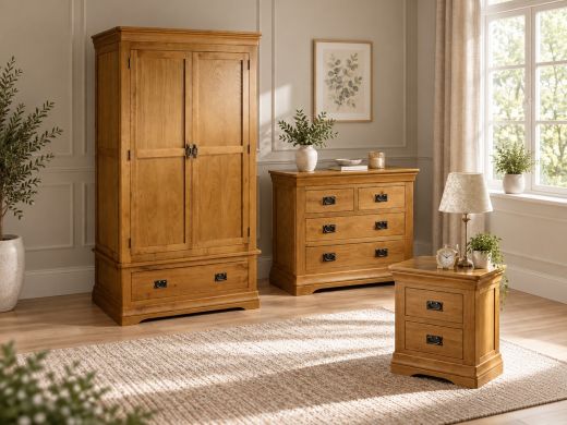 Farmhouse oak bedroom furniture set with double wardrobe, 2 over 2 chest of drawers and 2 drawer bedside table
