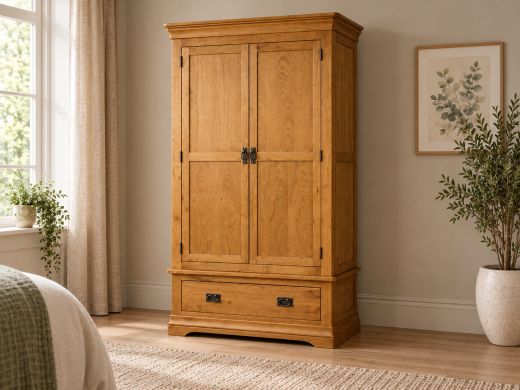 Farmhouse Country Oak double wardrobe with lower storage drawer in a warm neutral bedroom setting