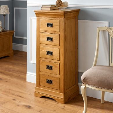 Farmhouse Country Oak 5 Drawer Tallboy Narrow Chest of Drawers with antique-style metal handles