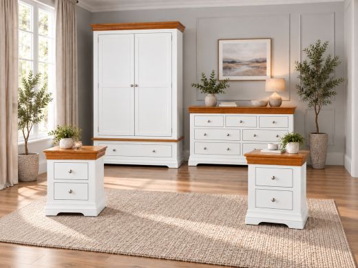 Farmhouse white painted oak bedroom set with double wardrobe, large chest of drawers and pair of bedside tables