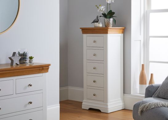 Farmhouse White Painted 5 Drawer Oak Tallboy Chest of Drawers