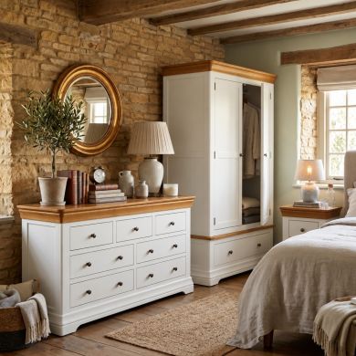 Farmhouse White Painted 2 Door Double Wardrobe with Drawer in a bright neutral farmhouse bedroom setting