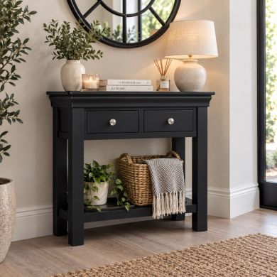 Toulouse Black Painted 2 Drawer Fully Assembled Console Table in a stylish hallway with lower shelf and silver handles