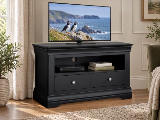 Toulouse black painted TV unit with two drawers and chrome knobs in a panelled living room