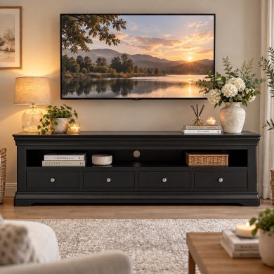 Toulouse Black Painted Grande 1.8m Large Assembled TV Unit With 4 Drawers