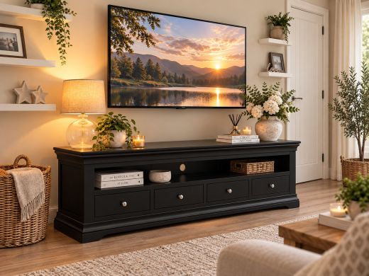 Toulouse Black Painted Grande 1.8m large assembled TV unit with 4 drawers shown from an angled view in a warm contemporary living room
