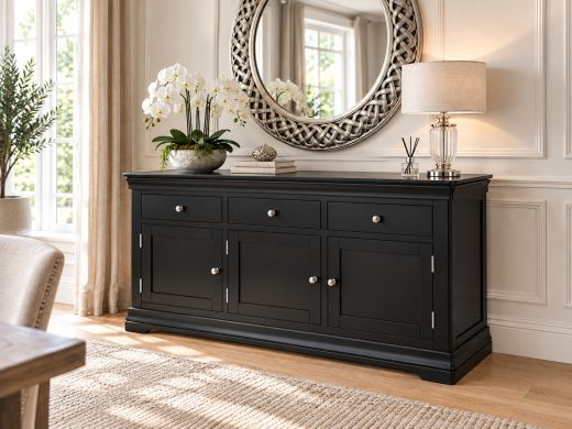 Toulouse black painted 160cm large assembled sideboard with three drawers and three doors in an elegant living room
