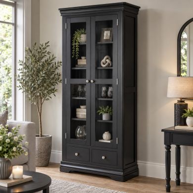 Toulouse Black Painted Tall Glass Display Cabinet with Drawers 