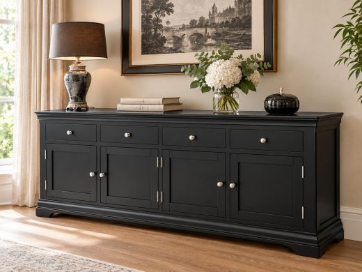 Toulouse black painted 200cm sideboard with four drawers and four doors in an elegant neutral living room