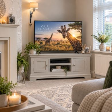 Toulouse Grey Painted Large TV Unit with 2 Doors and Shelf styled beside a fireplace in a modern living room