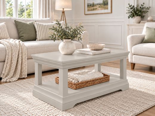 Toulouse grey painted coffee table with lower shelf in a bright neutral living room