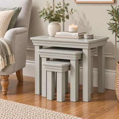 Toulouse Grey Painted Nest of Three Tables in a stylish neutral living room setting