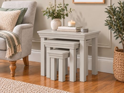 Toulouse Grey Painted Nest of Three Tables in a stylish neutral living room setting