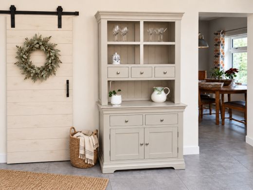 Toulouse grey 100cm buffet and hutch with five drawers, two cupboard doors and open display shelves in a farmhouse room beside a painted sliding door