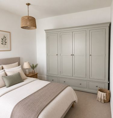 Toulouse Grey Painted Extra Large 4 Door Quad Wardrobe with Drawers in a Bedroom