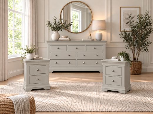 Bedroom Set - Toulouse Grey 3 over 4 Drawers and pair of Bedside Tables