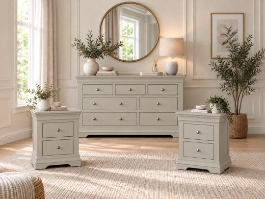 Bedroom Set - Toulouse Grey 3 over 4 Drawers and pair of Bedside Tables