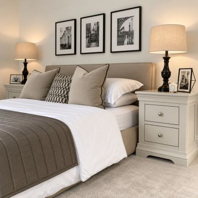 Toulouse Grey Painted 2 Drawer Large Assembled Bedside Table in a stylish neutral bedroom