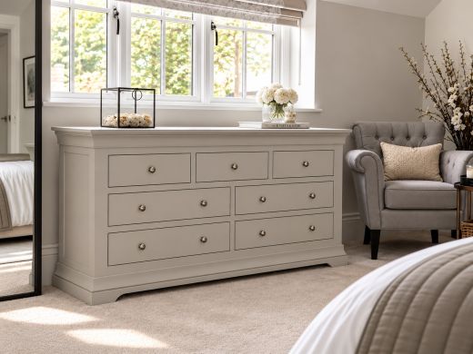 Toulouse Grey Painted Large 3 Over 4 Assembled Chest of Drawers in stylish neutral bedroom setting