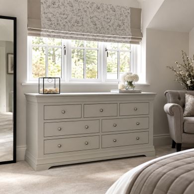 Toulouse Grey Painted Large 3 Over 4 Assembled Chest of Drawers in bedroom setting