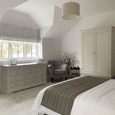 Guest room photo showing Toulouse Grey Painted 3 Over 4 Chest of Drawers & matching Double wardrobe in the home of @northumberland_family_home on Instagram 