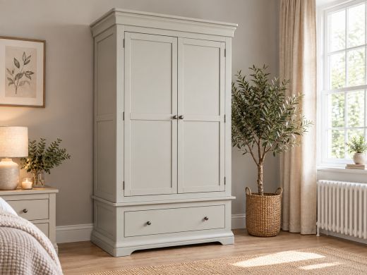 Toulouse Grey Painted Double Wardrobe with Drawer in a stylish neutral bedroom