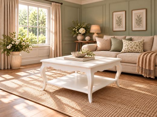 Chamonix 90cm square Brilliant White painted coffee table with curved legs and lower shelf in a sunlit living room