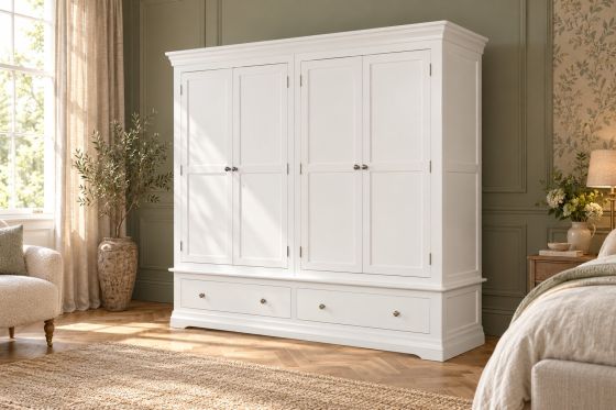 Brilliant white painted Toulouse 4-door double hanging extra-large wardrobe with two double drawers, shown in a stylish neutral bedroom interior