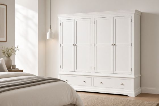 Toulouse White Painted 4 Door Double Hanging Quad Extra Large Wardrobe - inside view showing clothes