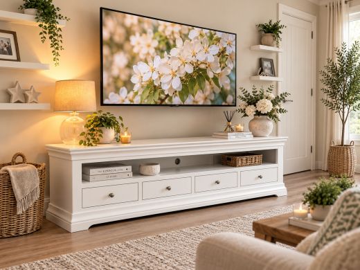 Toulouse white painted Grande 180cm wide assembled TV unit with four drawers in a stylish neutral living room