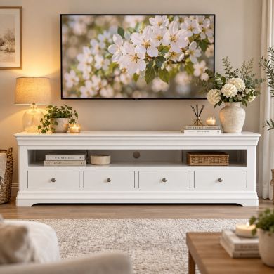 Toulouse White Painted Grande 180cm Wide Fully Assembled TV Unit With 4 Drawers - Photo from @our_rosebury_home on Instagram as part of a collaboration